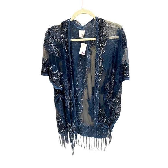 Soho Blue Shawl Cape Sarong Fringe Holiday Sparkle One Size New with Tags - Picture 1 of 3